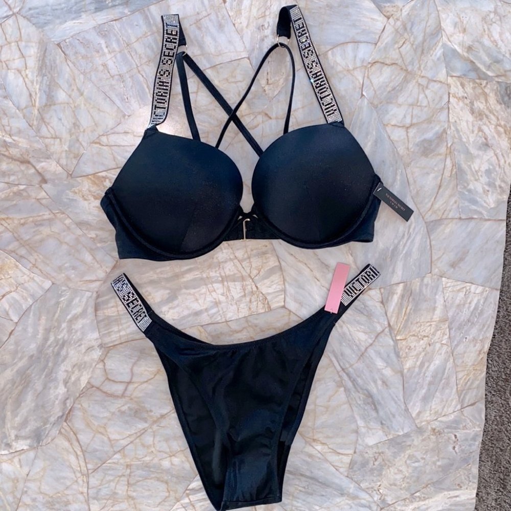 34B Large 2 Pc Swimsuit SHINE STRAP BOMBSHELL ADD 2 CUPS SWIM CRYSTALS Set